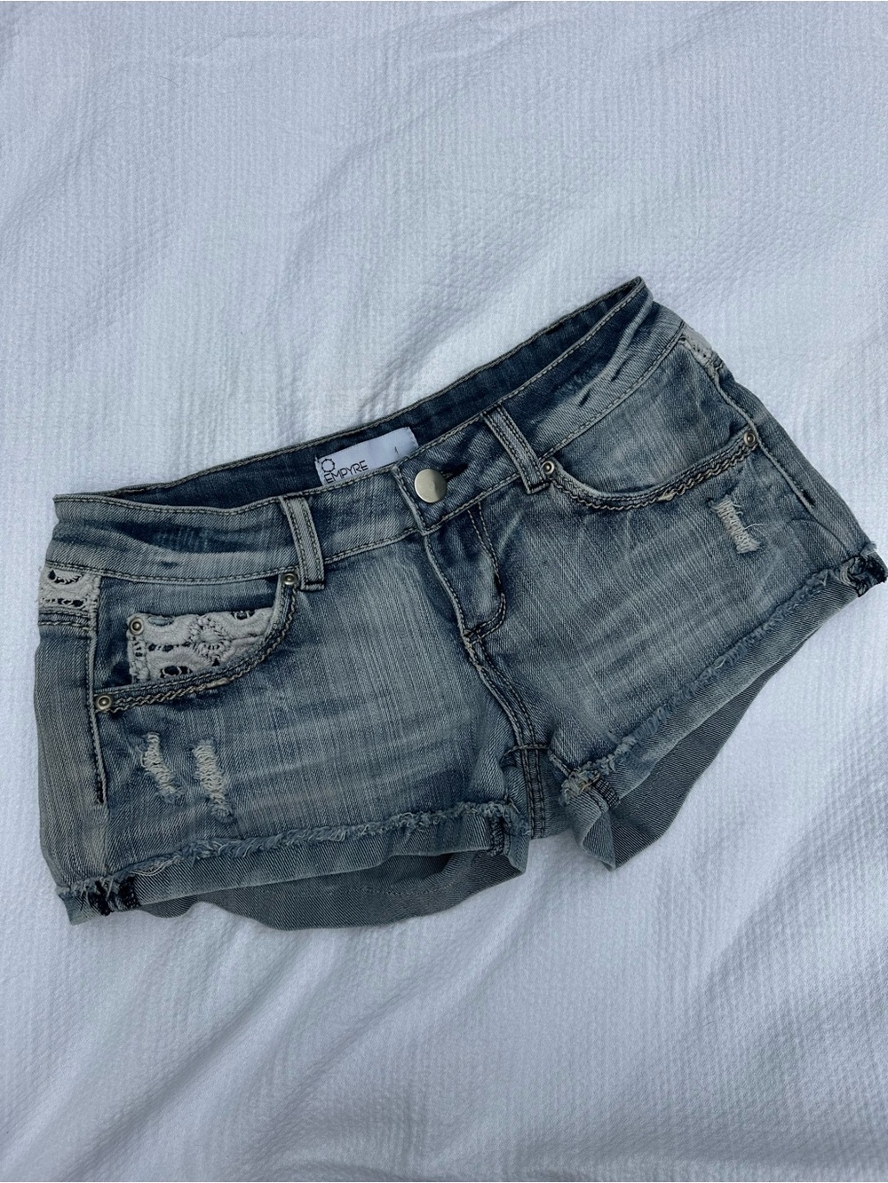 Empyre Light Gray Distressed Denim Shorts with Lace Trim